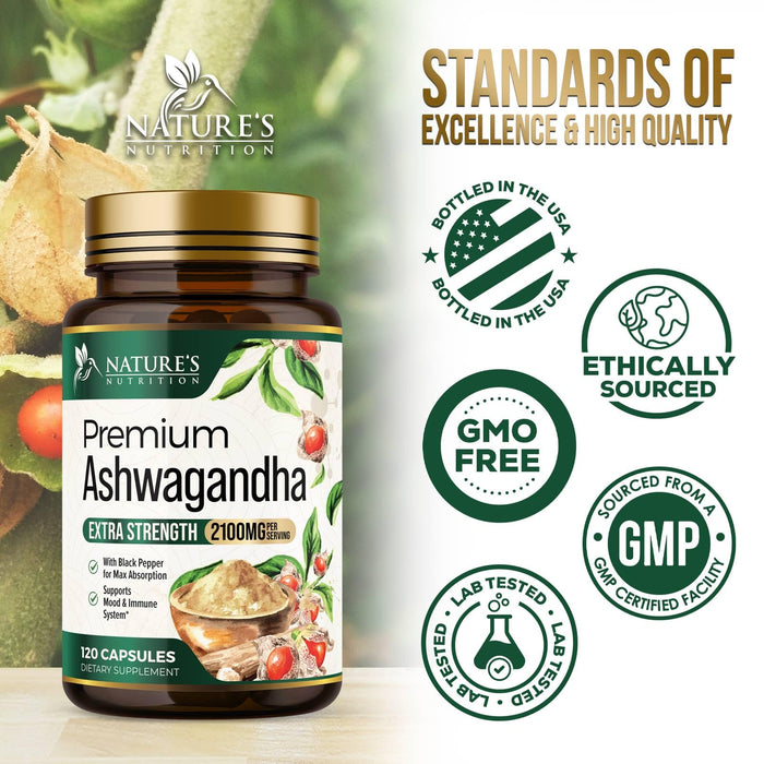 Ashwagandha Capsules for Women & Men - 2100mg Ashwagandha Supplement, Natural Antioxidant Support, Ashwa Root Extract, Extra Strength Calm Support with Black Pepper, Vegan & Gluten Free - 120 Capsules