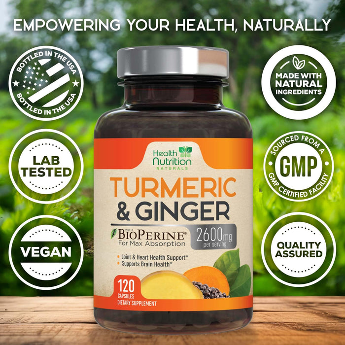 Turmeric Curcumin Supplement 2600mg - with Organic Ginger & Turmeric, 95% Curcuminoids, BioPerine Black Pepper for Best Absorption, Nature's Vegan Joint Support, Non-GMO, Bottled in USA - 120 Capsules