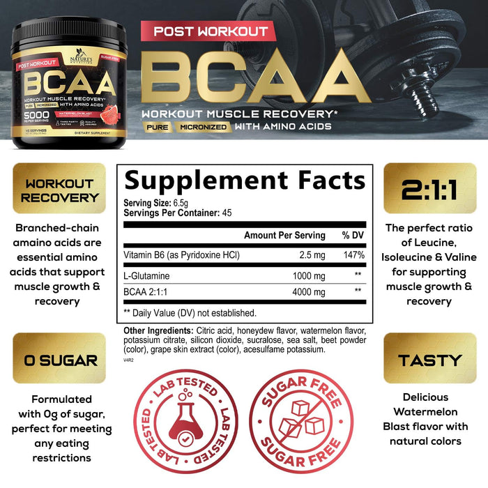 BCAA Powder 4g BCAA Amino Acids 2:1:1, 1g L-Glutamine, Vitamin B6 Complex - Energy Daily Powder Replenisher Post Workout - Muscle Recovery Support Drink for Men & Women, Sugar Free, Keto - 45 Servings