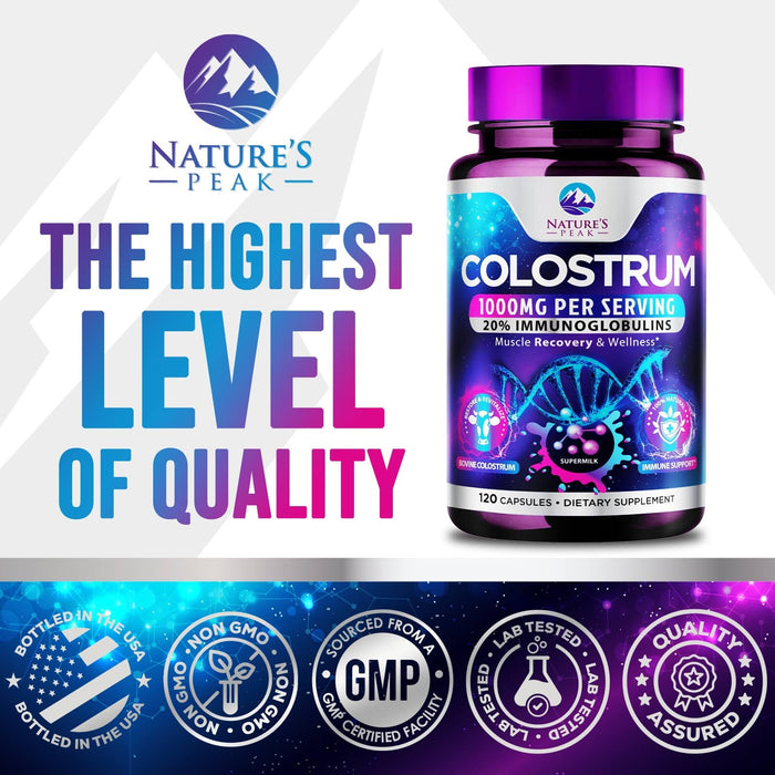 Colostrum Supplement 1000mg 20% Immunoglobulins for Gut Health, Immune Support, Muscle, Skin & Hair Growth, Bovine Colostrum Powder, Nature's Colostrum for Women & Men, Bottled in USA - 120 Capsules
