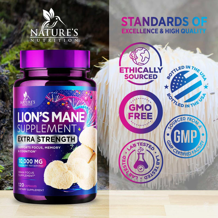 Lions Mane Mushroom Supplement - Brain Health Support for Focus, Memory, Cognition & Immune Support - Nature's Nootropic Lion's Mane Mushroom Extract Non-GMO, Vegetarian & Gluten Free - 120 Capsules
