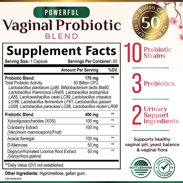 Vaginal Probiotics for Women - pH Balance, Digestive, UT & Feminine Health Support - 50 Billion CFU, 10 Probiotic Strains, Cranberry & Prebiotics - Vag Women Health Supplements - 60 Capsules