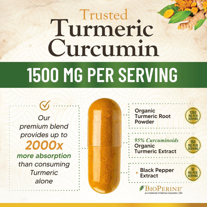 Turmeric Curcumin Supplement 1500mg - Organic Tumeric & BioPerine Black Pepper for Best Absorption with 95% Curcuminoids, Nature's Joint & Immune Support, Non-GMO, Bottled in USA - 360 Capsules