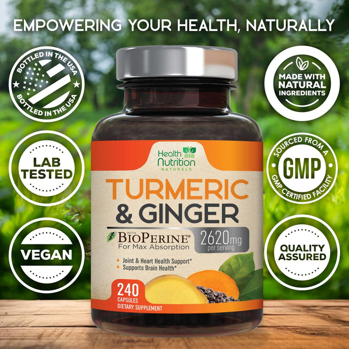 Turmeric Curcumin Supplement 2600mg - with Organic Ginger & Turmeric, 95% Curcuminoids, BioPerine Black Pepper for Best Absorption, Nature's Vegan Joint Support, Non-GMO, Bottled in USA - 240 Capsules