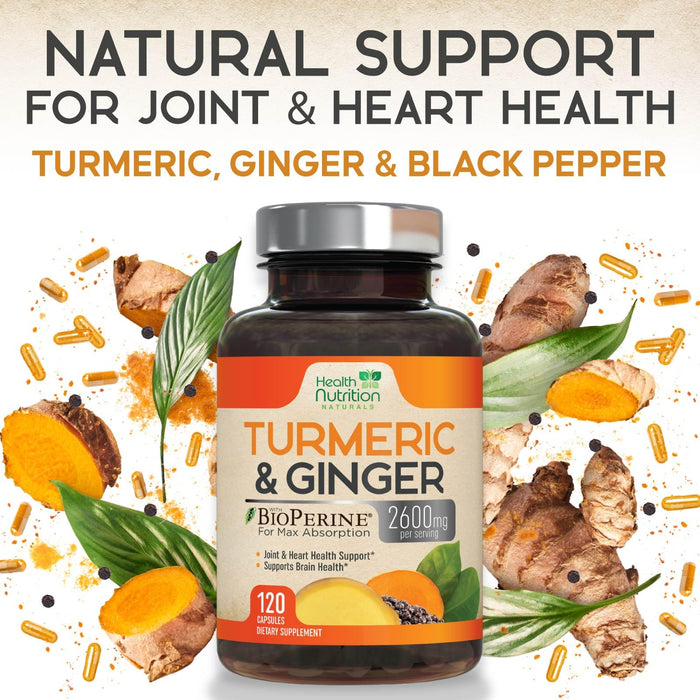 Turmeric Curcumin Supplement 2600mg - with Organic Ginger & Turmeric, 95% Curcuminoids, BioPerine Black Pepper for Best Absorption, Nature's Vegan Joint Support, Non-GMO, Bottled in USA - 120 Capsules