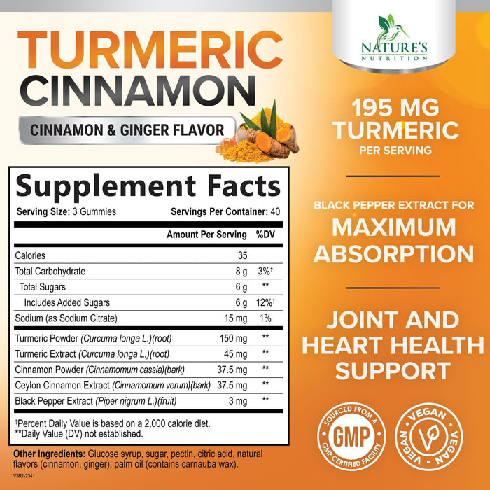 Turmeric Curcumin Supplement Gummies with Ginger & Cinnamon, 95% Curcuminoids Turmeric Curcumin Gummy with Black Pepper for Best Absorption, Nature's Vegan Joint Support Tumeric, Non-GMO, 120 Gummies