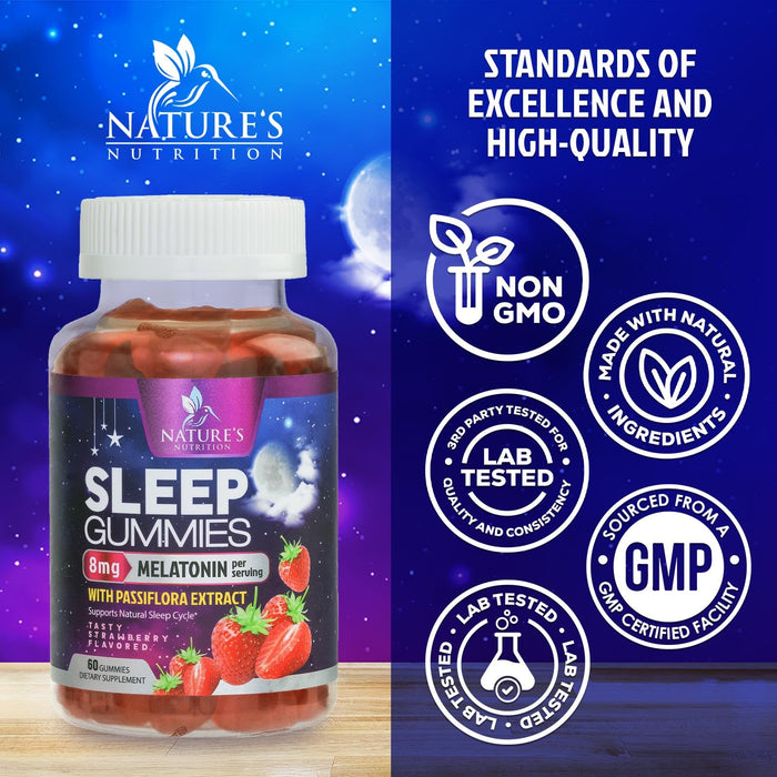 Melatonin Sleep Gummies - 8 mg Melatonin Extra Strength with 20mg Passiflora Sleeping Gummy Supplements, Sleep Gummies for Adults, Occasional Sleeping Support Supplement, Non-Habit Forming - 60 Count