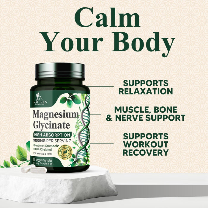 Magnesium Glycinate 1000mg - Magnesium for Bone, Muscle, Nerves & Heart Health Support, Natures Sleep Support, Best Mag Supplement Pills for Whole Body - Chelated for Ultra Absorption - 60 Capsules