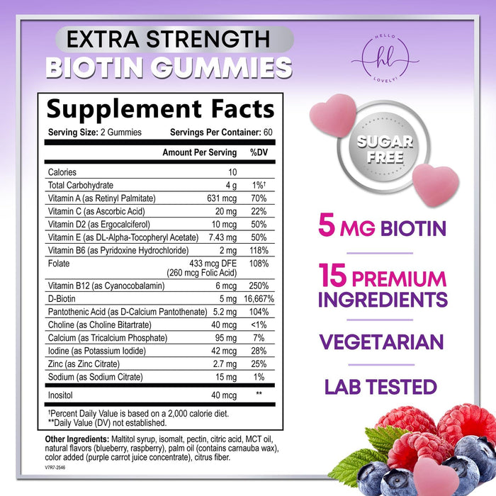 Hair Vitamins Gummy for Women with Biotin 5000 mcg, Sugar-Free Hair Growth Support with Vitamins E & C, Thicker, Stronger & Beautiful Hair, Skin & Nails, Hair Health Support Supplement - 120 Gummies