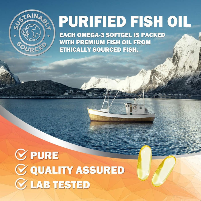 Omega 3 Fish Oil 2400 mg - Triple Strength EPA & DHA Fatty Acids for Heart, Brain & Joint Support Wild-Caught, Burpless, Lemon Flavor Supplement Natural, Non-GMO, Gluten-Free - 60 Softgels