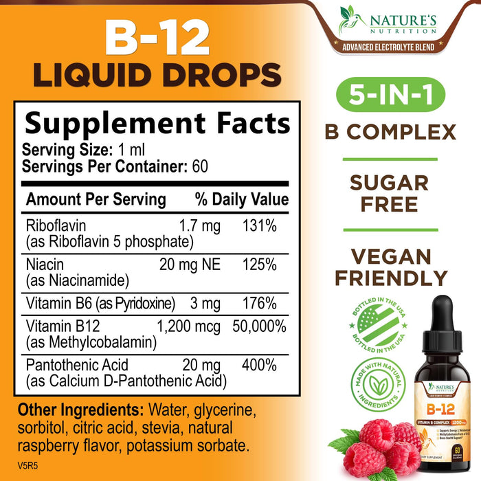 Vegan B-12 Vitamin Supplement Drops (Methylcobalamin) Extra Strength Super B Complex - Sublingual B12 Liquid for Immune Support, Heart Health & Cellular Energy Support, Raspberry Flavored - 2 Fl Oz