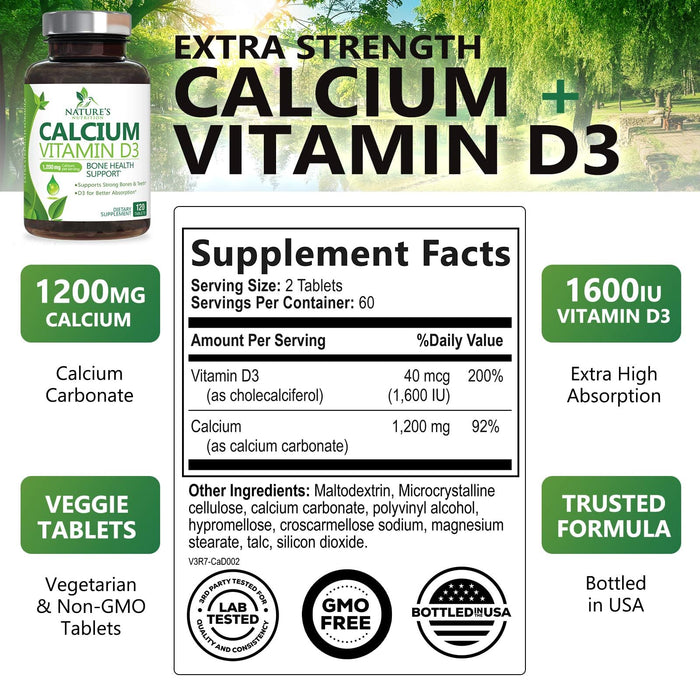 Calcium Supplement with Vitamin D - 1200 mg Calcium Carbonate with 1600 IU of D3 Vitamins - Supports Bone Strength, Teeth & Immune System - Natural & Easily Absorbable for Women & Men - 120 Tablets