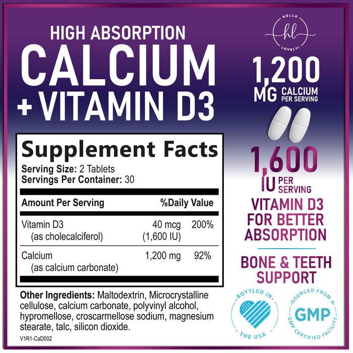 Calcium Supplements for Women 1200 mg Plus 1600 IU Vitamin D3, Bone Health, Teeth & Immune Support - Mineral Supplement with Vitamin D High Absorbable Premium 600 mg Calcium Carbonate - 60 Tablets
