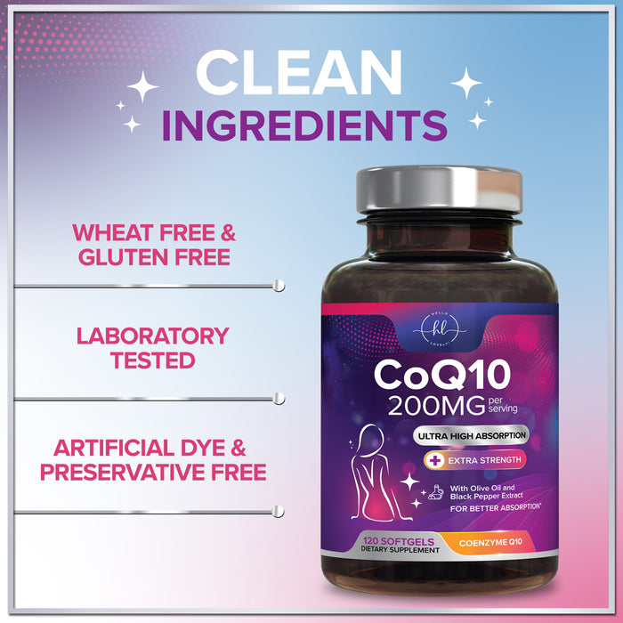 CoQ10 200mg Softgels - Ultra High Absorption, Antioxidant for Heart Health & Energy Production Support - Coenzyme Q10 (Ubiquinone) Co Q 10 Supplement and Vitamins 100mg Each - Non GMO - 120 Softgels