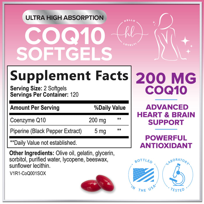 CoQ10 200mg Softgels - Ultra High Absorption, Antioxidant for Heart Health & Energy Production Support - Coenzyme Q10 (Ubiquinone) Co Q 10 Supplement and Vitamins 100mg Each - Non GMO - 240 Softgels