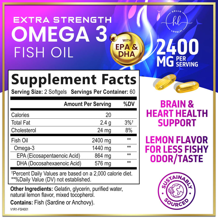 Omega 3 Fish Oil Supplements 2400mg - Triple Strength Omega 3 Fatty Acids, Natural Heart Health Brain & Joint Support - Fatty Acids with EPA & DHA - Wild Caught Fish Oil Supplement - 120 Softgels