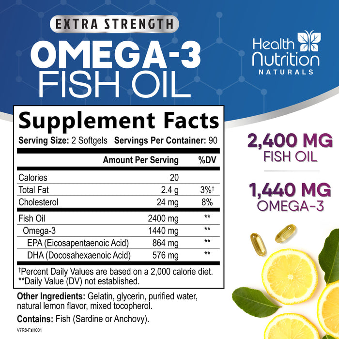 Omega 3 Fish Oil 2400 mg - Triple Strength Omega3, EPA & DHA Fatty Acids Supplement - Natural Support for Immune, Heart & Brain Health - Wild Caught, Non-GMO, Lemon Flavor, Burpless - 180 Softgels