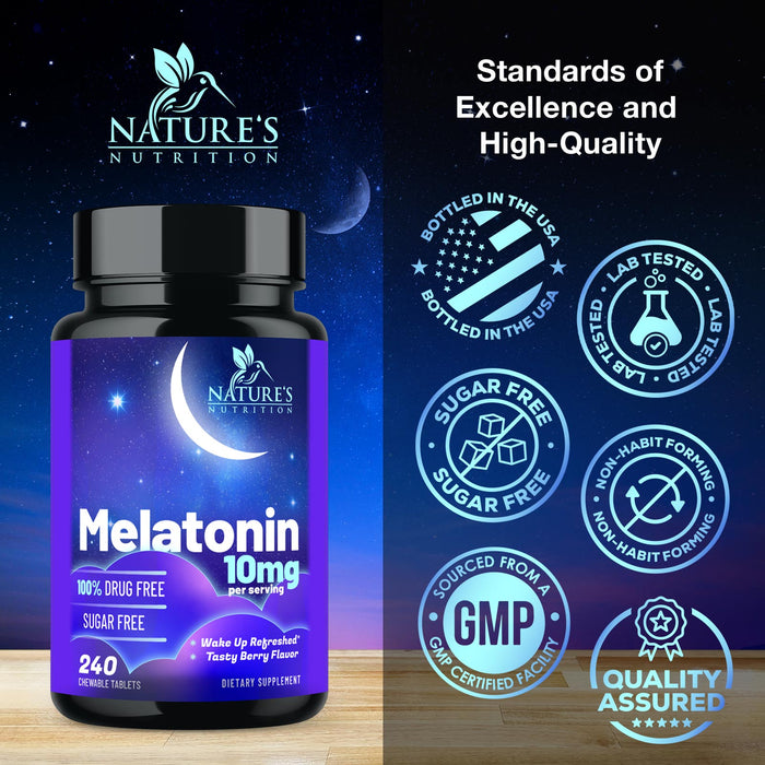 Fast Dissolve Melatonin 10mg, Sleep Support for Adults, Melatonin Sleep Supplement, for Promoting Restful Sleep, Non-Habit Forming, 100% Drug Free, Berry Flavored - 240 Chewable Tablets