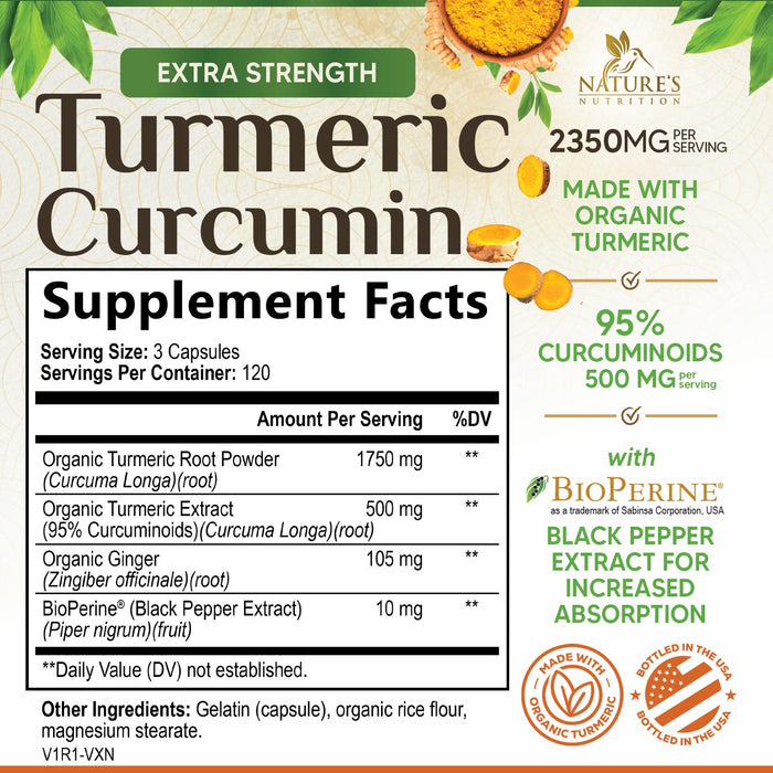 Turmeric Curcumin Supplement 1750mg with Organic Turmeric & Ginger, 95% Curcuminoids, BioPerine Black Pepper for Best Absorption, Nature's Vegan Joint Support, Non-GMO, Bottled in USA - 360 Capsules