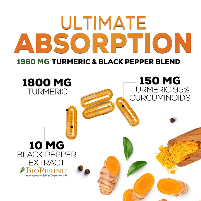Turmeric Curcumin Supplement 1950mg - 95% Curcuminoids with Organic Turmeric & BioPerine Black Pepper Extract for Best Absorption, Nature's Vegan Joint Support, Non-GMO, Bottled in USA - 240 Capsules