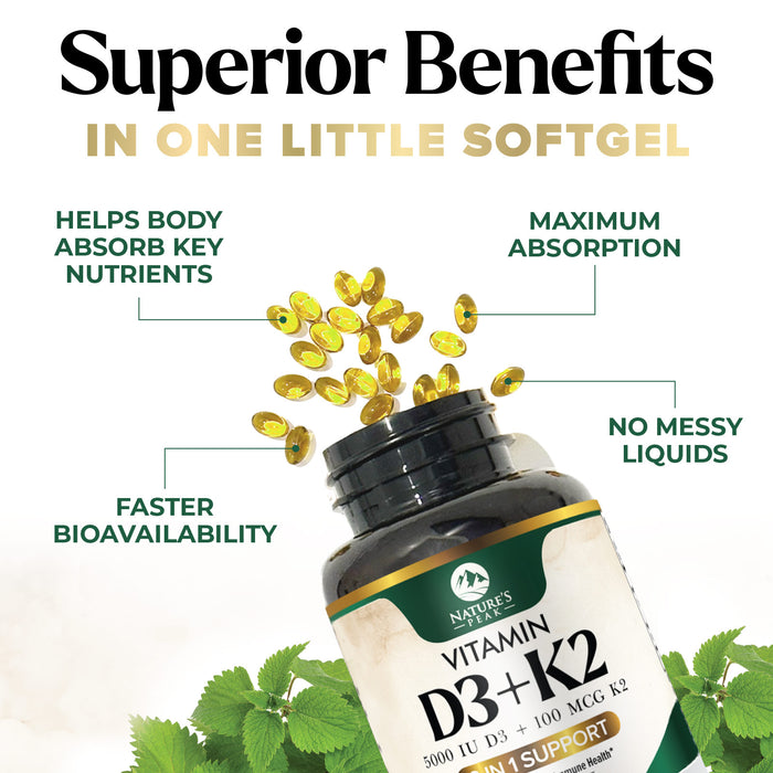 D3 K2 Vitamin 5000 IU | 2-in-1 Vitamin D 5000iu & Mk7 Vitamin K 100 mcg Dietary Supplement for Bone & Immune Support, Bottled in USA, Easy to Swallow, Gluten Free, Non-GMO