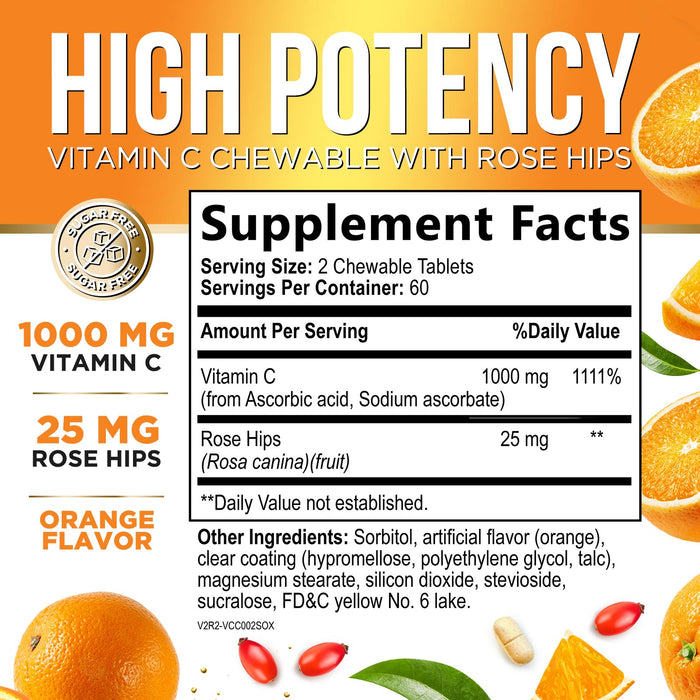 Vitamin C 1000mg Chewable Supplement - Extra Strength Immune Support Vitamin C Dietary Supplement with Rose HIPS, Nature's VitaminC Antioxidant Support, Natural, Vegan, Orange Flavor - 120 Tablets